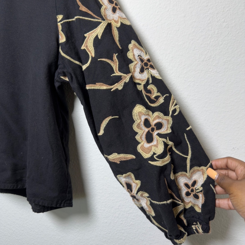 Calypso St. Barth Women Cotton Flax Blouse XL Black Floral Embroidered V-Neck - Picture 4 of 7